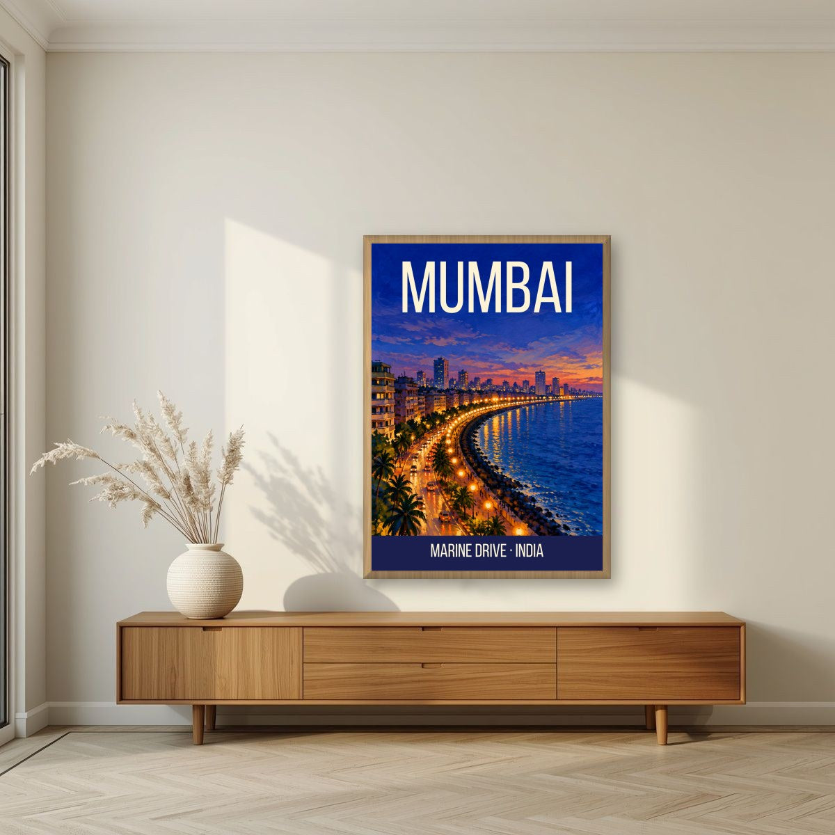 Marine Drive Mumbai art print in an oak frame on a living room wall