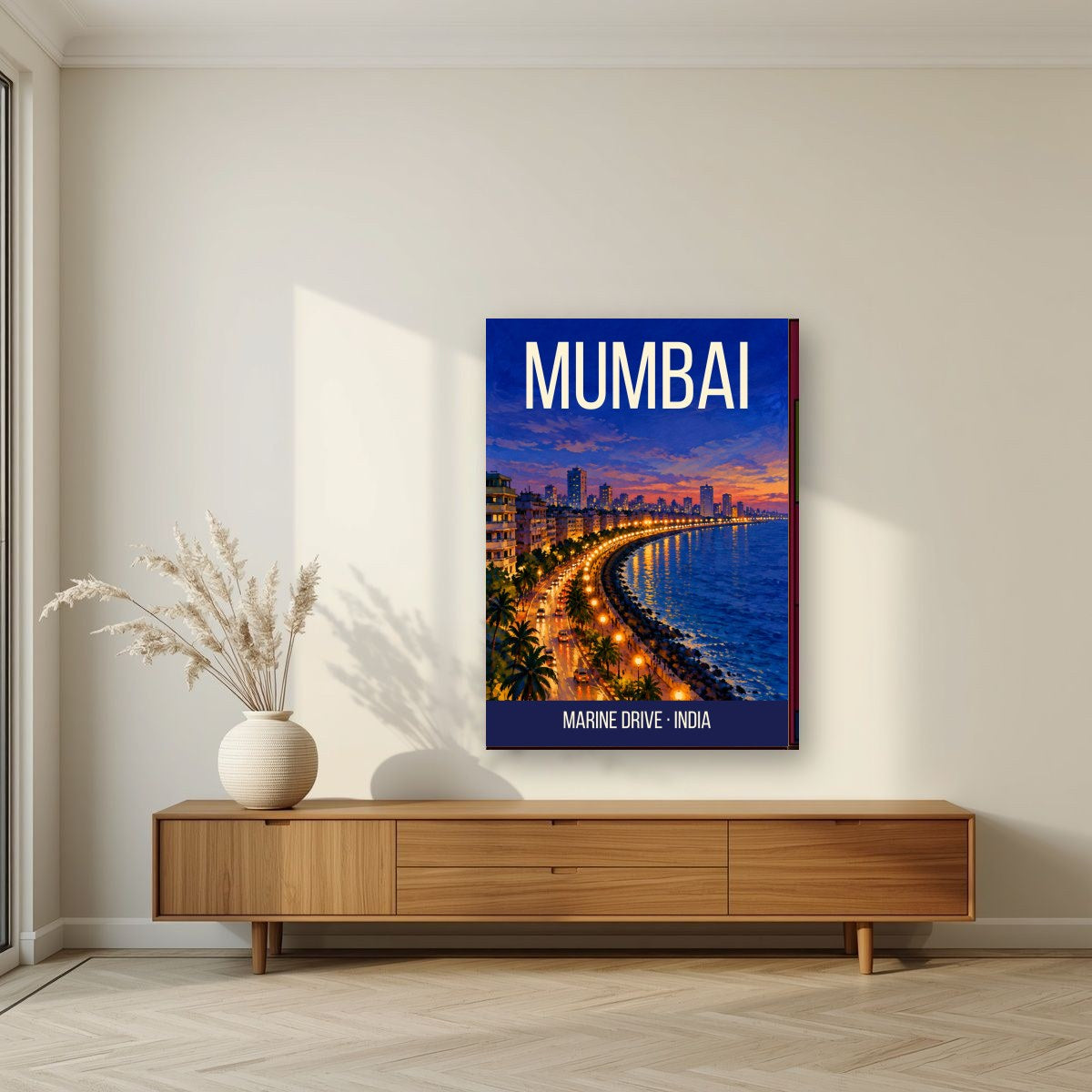 Marine Drive Mumbai art print on slim canvas in a living room