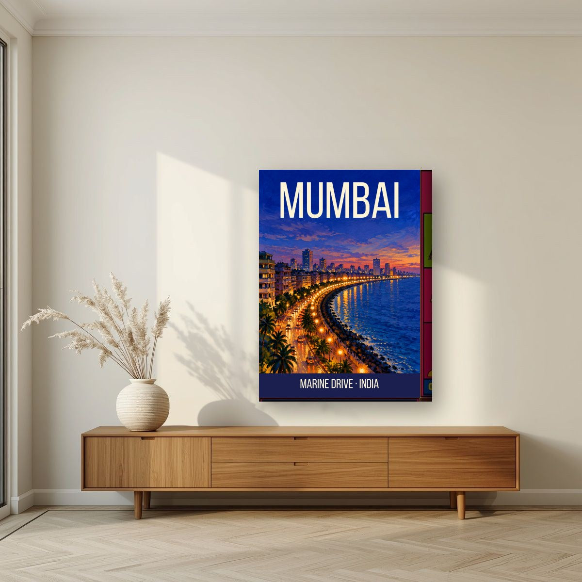 Marine Drive Mumbai art print on thick canvas in a living room