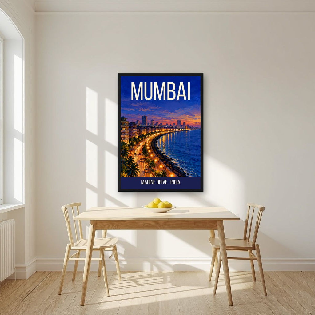 Marine Drive Mumbai art print in a black frame on a kitchen wall