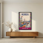 Sassoon Dock Mumbai art print in a black frame above a living room sideboard