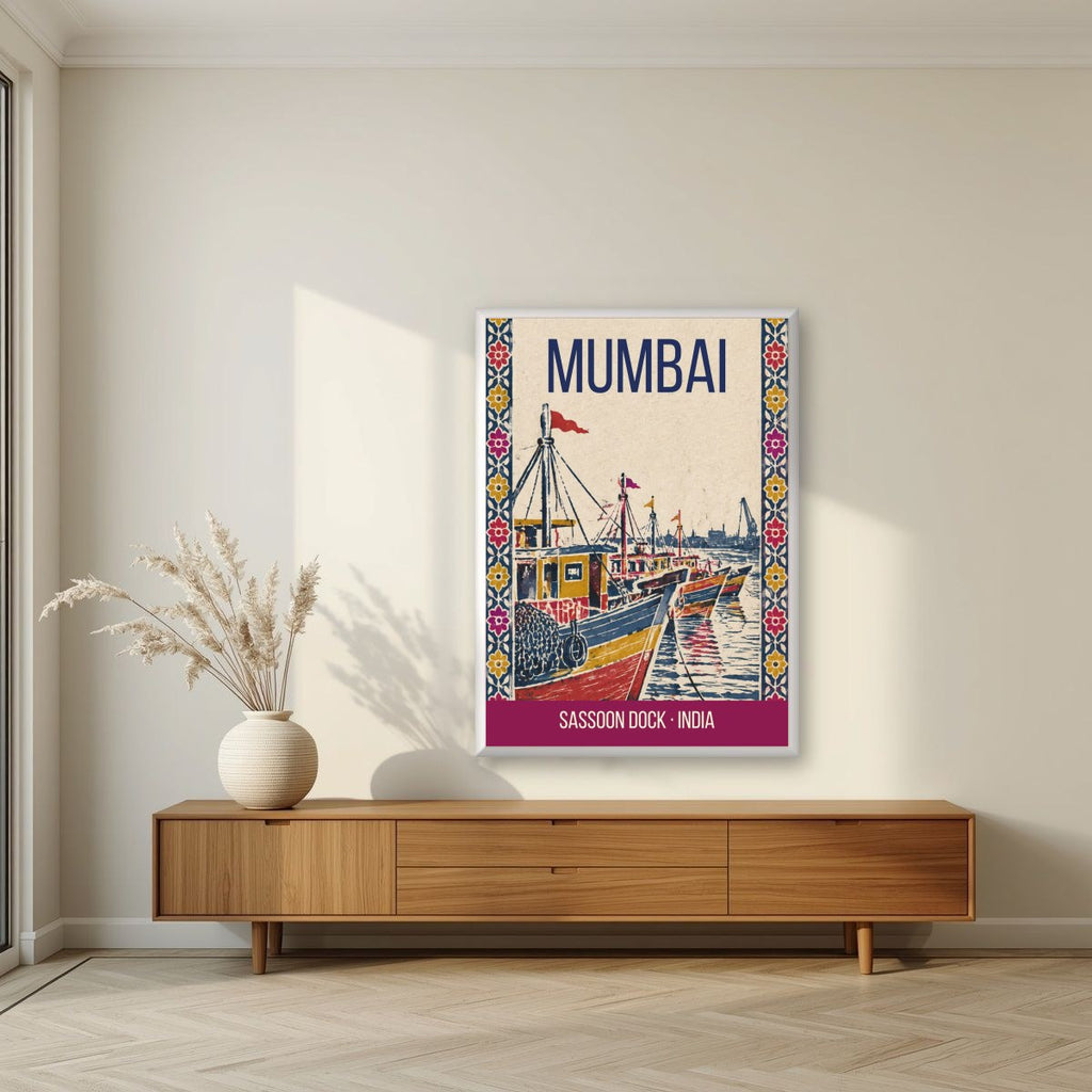 Sassoon Dock Mumbai art print in a white frame on a living room wall