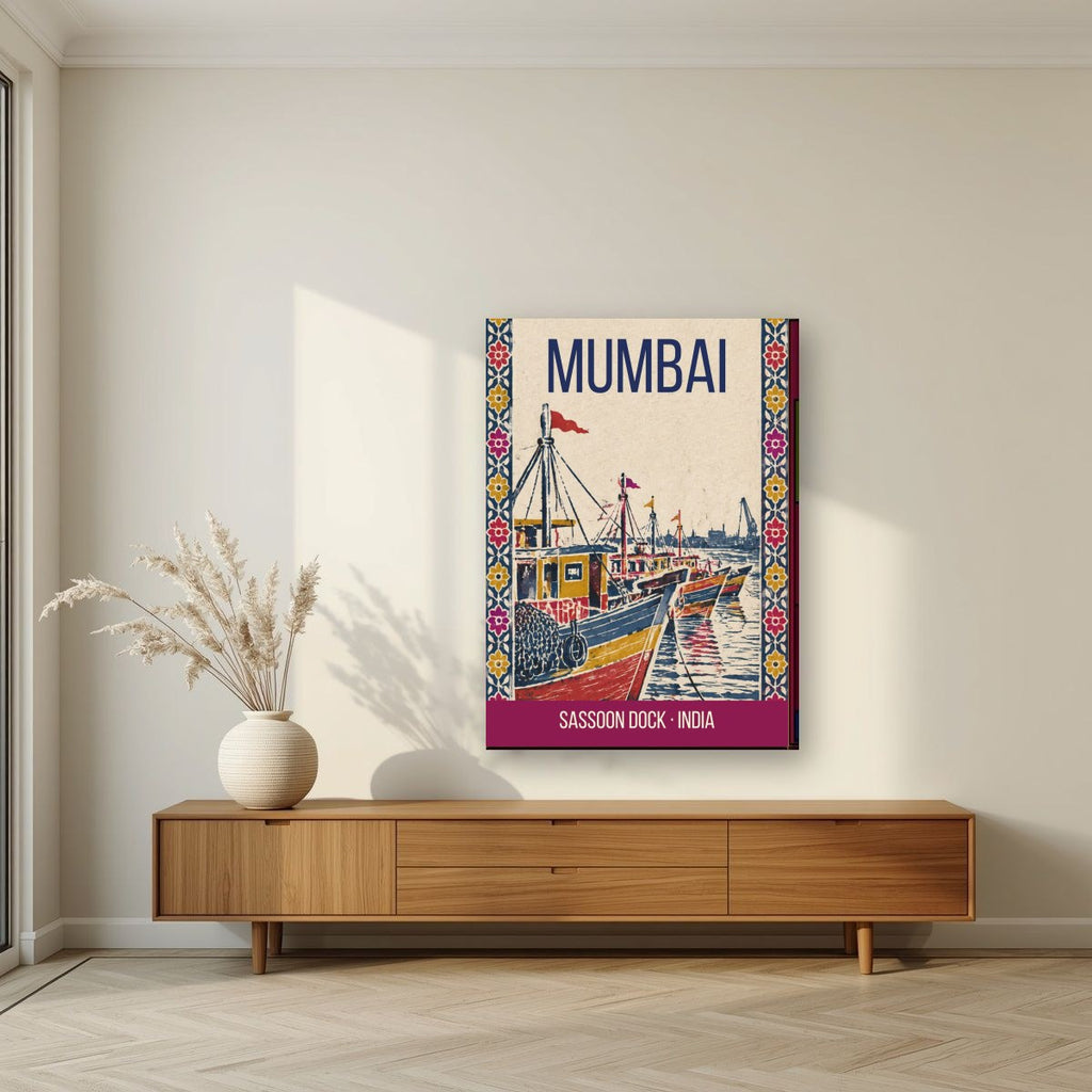 Sassoon Dock Mumbai art print on slim canvas in a living room