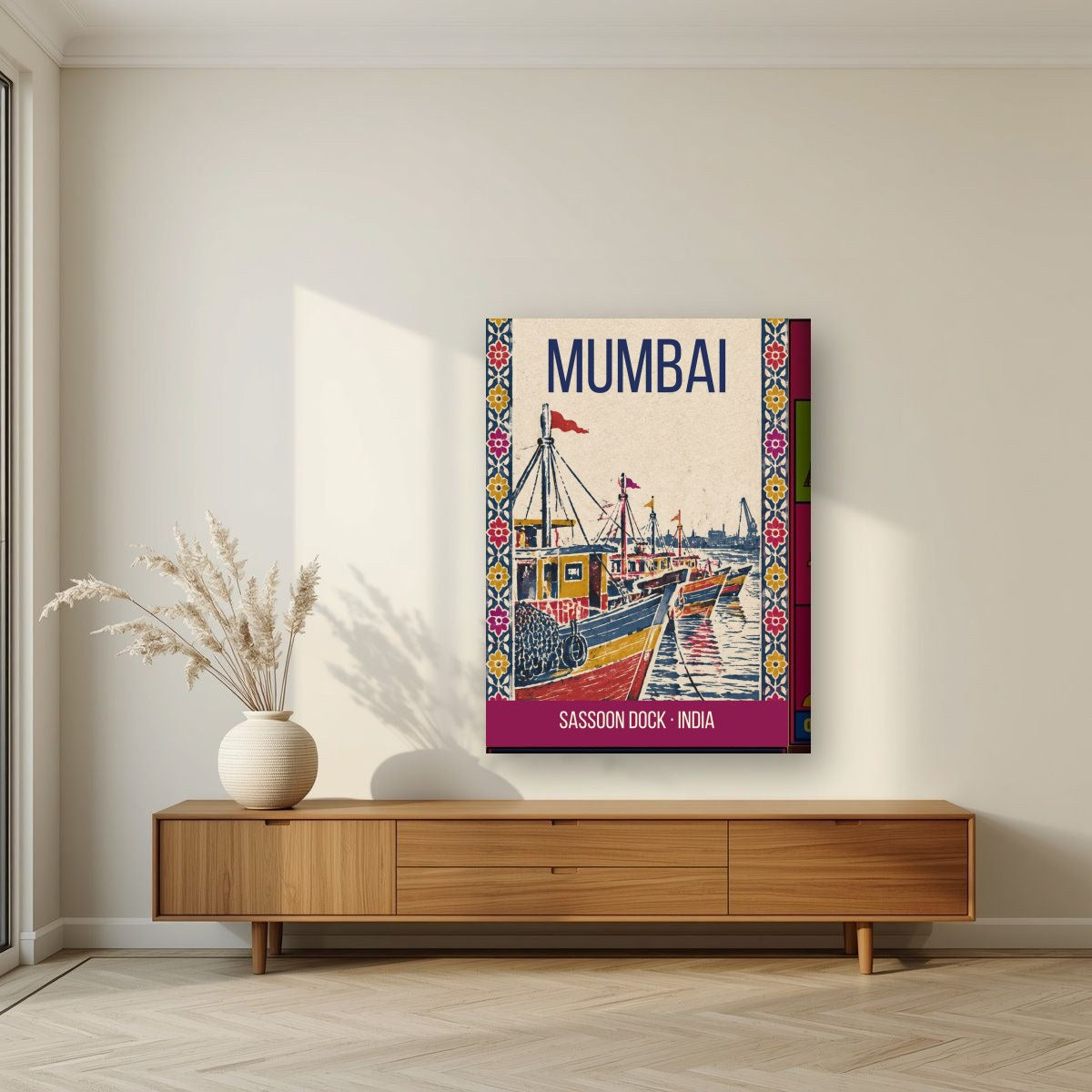 Sassoon Dock Mumbai art print on thick canvas in a living room