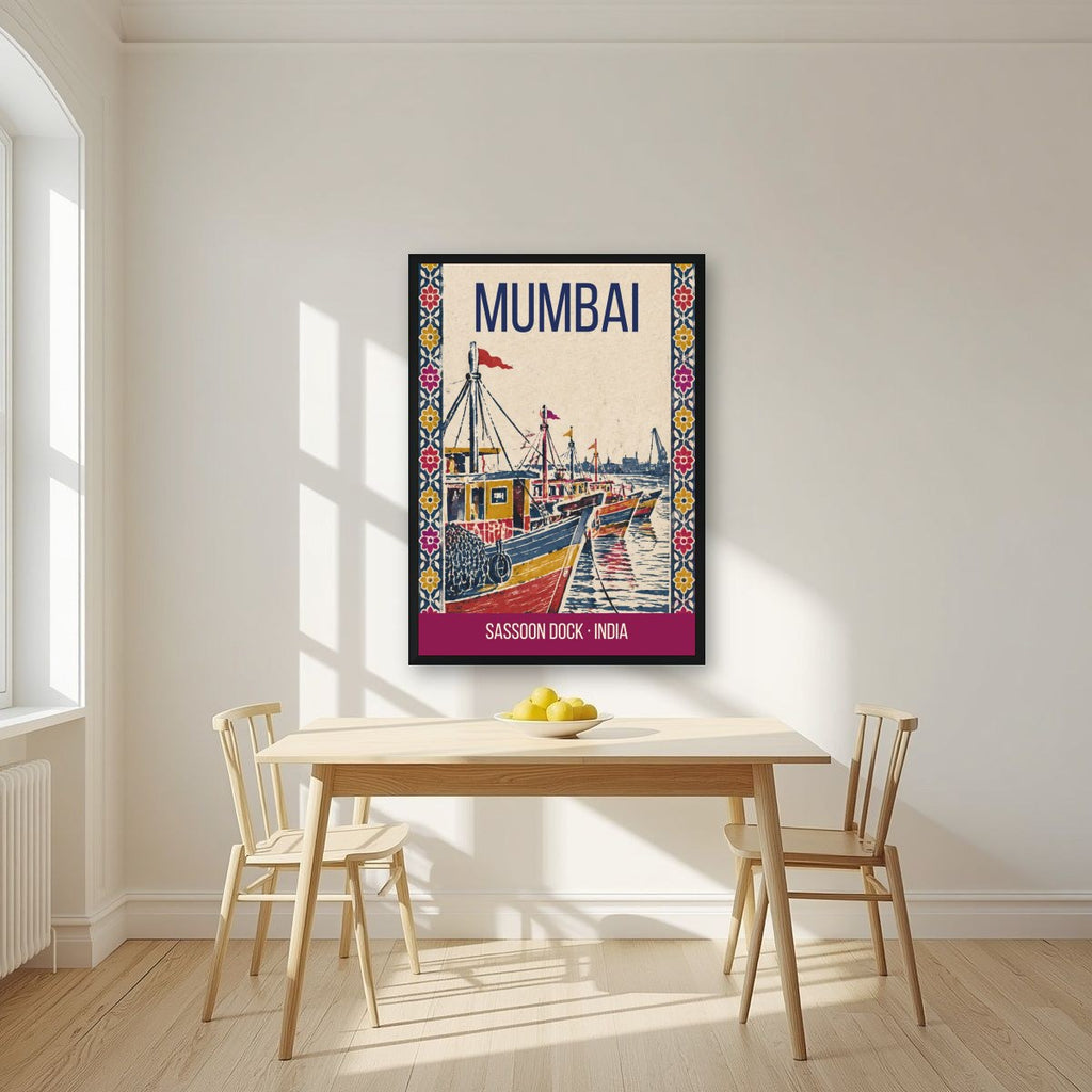 Sassoon Dock Mumbai art print in a black frame on a kitchen wall