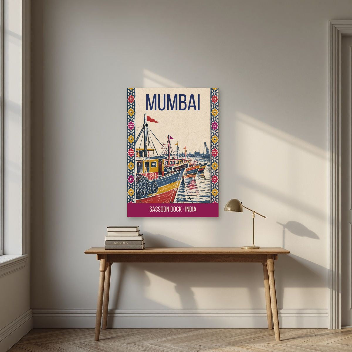 Sassoon Dock Mumbai art print above a desk