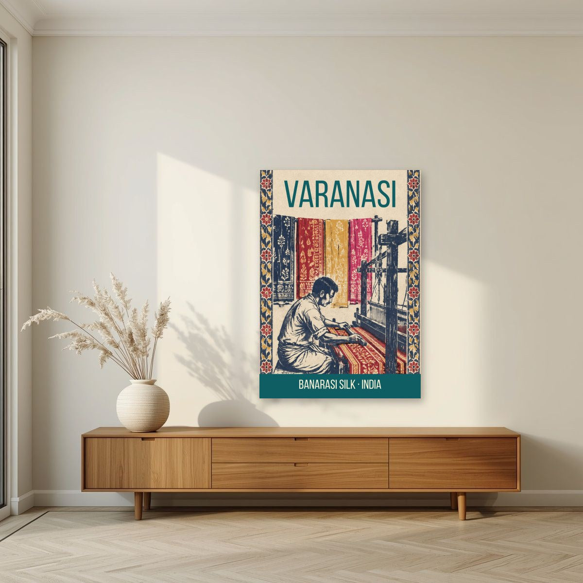 Banarasi Silk Varanasi art print unframed on a living room wall