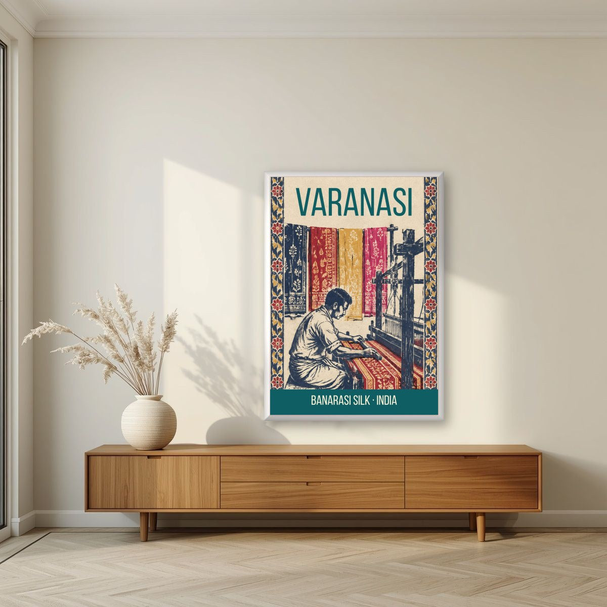 Banarasi Silk Varanasi art print in a white frame on a living room wall