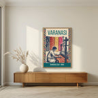 Banarasi Silk Varanasi art print in an oak frame on a living room wall