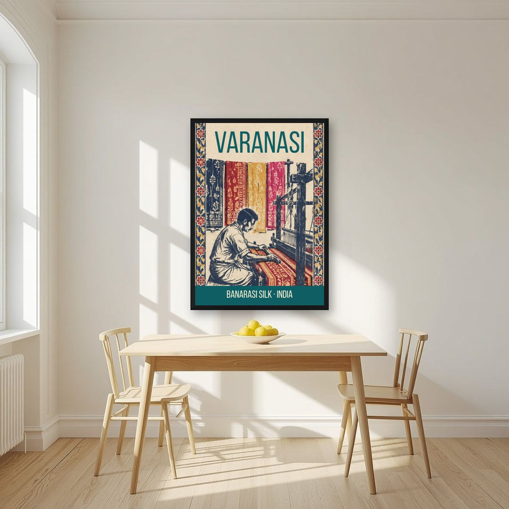 Banarasi Silk Varanasi art print in a black frame on a kitchen wall