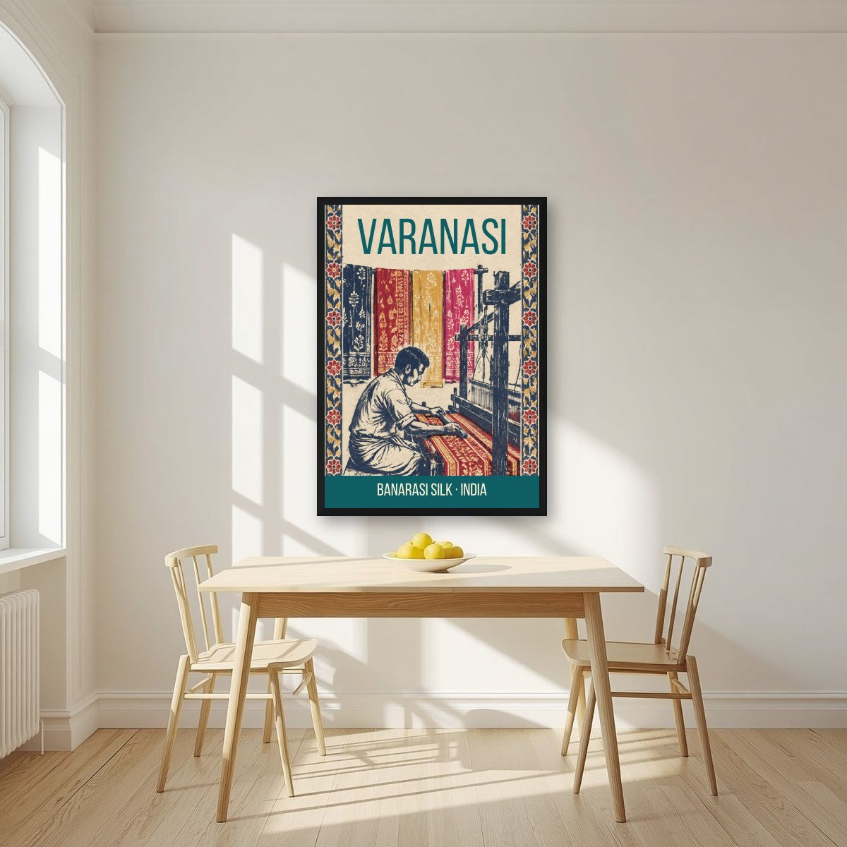 Banarasi Silk Varanasi art print in a black frame on a kitchen wall