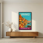 Dashashwamedh Ghat Varanasi art print in a black frame above a living room sideboard