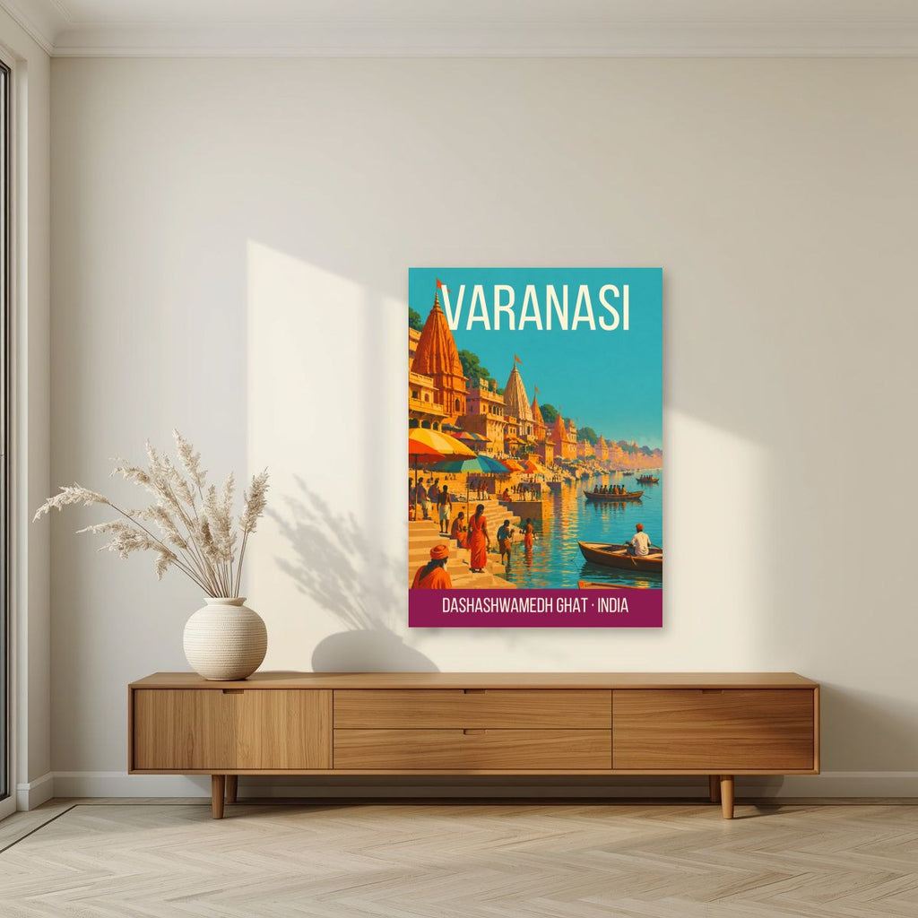 Dashashwamedh Ghat Varanasi art print unframed on a living room wall