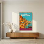 Dashashwamedh Ghat Varanasi art print in an oak frame on a living room wall