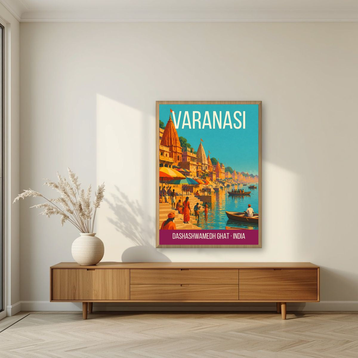 Dashashwamedh Ghat Varanasi art print in an oak frame on a living room wall