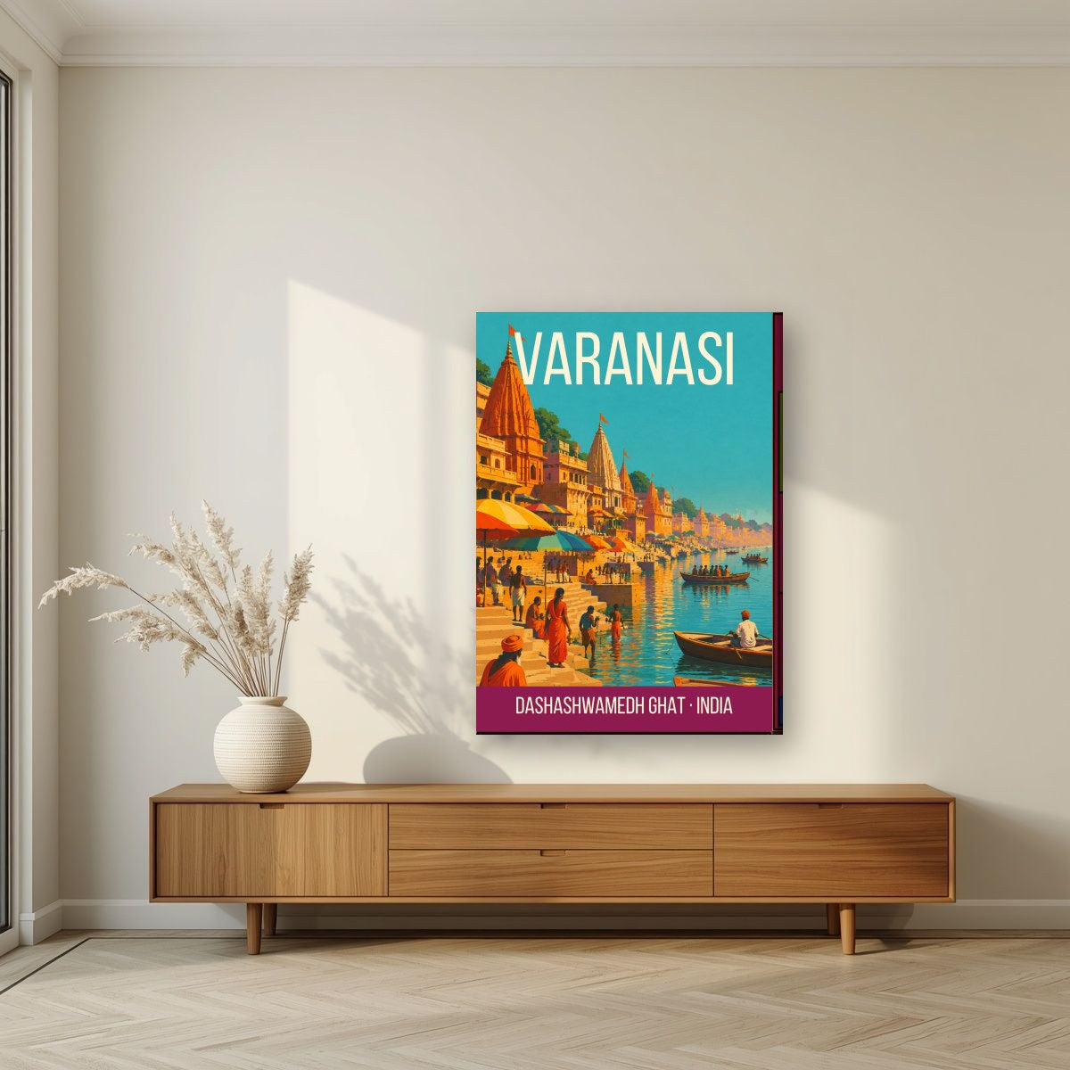 Dashashwamedh Ghat Varanasi art print on slim canvas in a living room