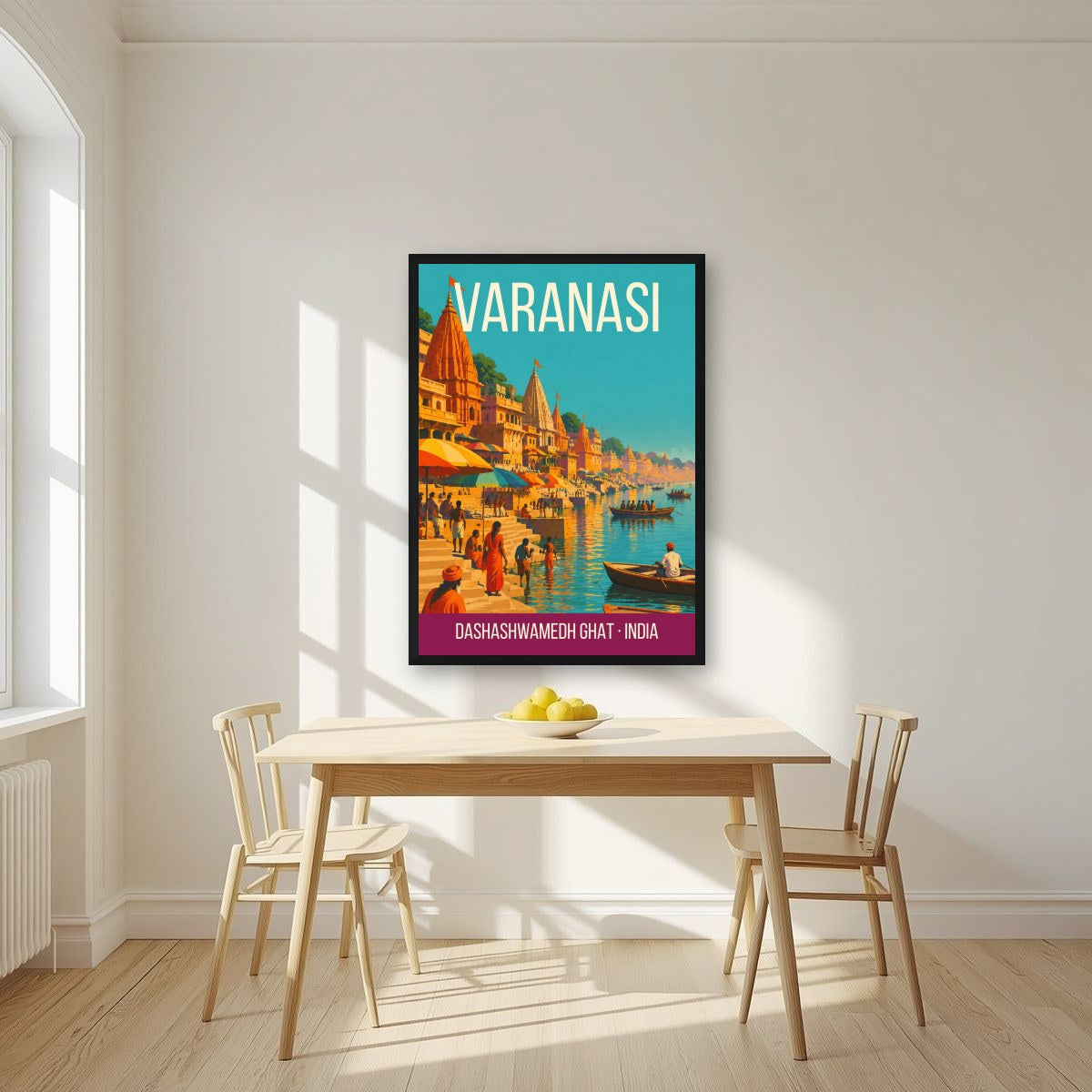 Dashashwamedh Ghat Varanasi art print in a black frame on a kitchen wall
