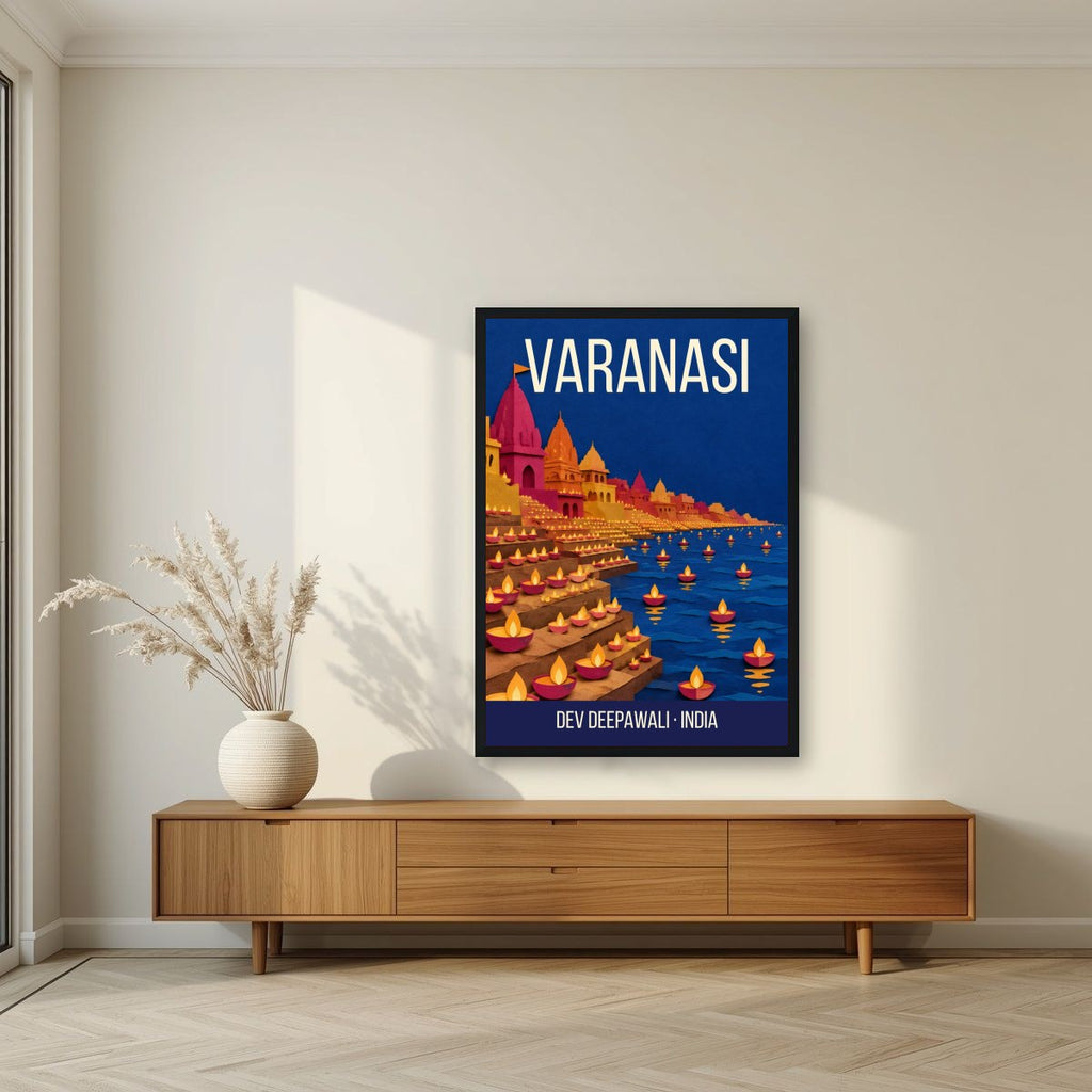Dev Deepawali Varanasi art print in a black frame above a living room sideboard