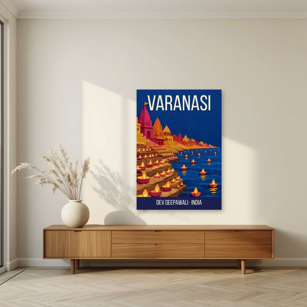 Dev Deepawali Varanasi art print unframed on a living room wall