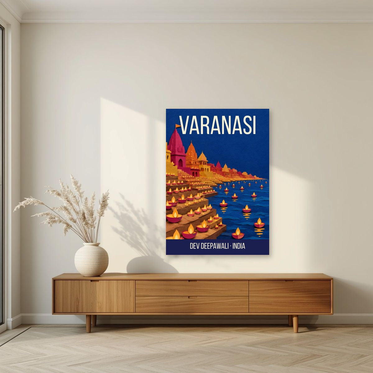 Dev Deepawali Varanasi art print unframed on a living room wall