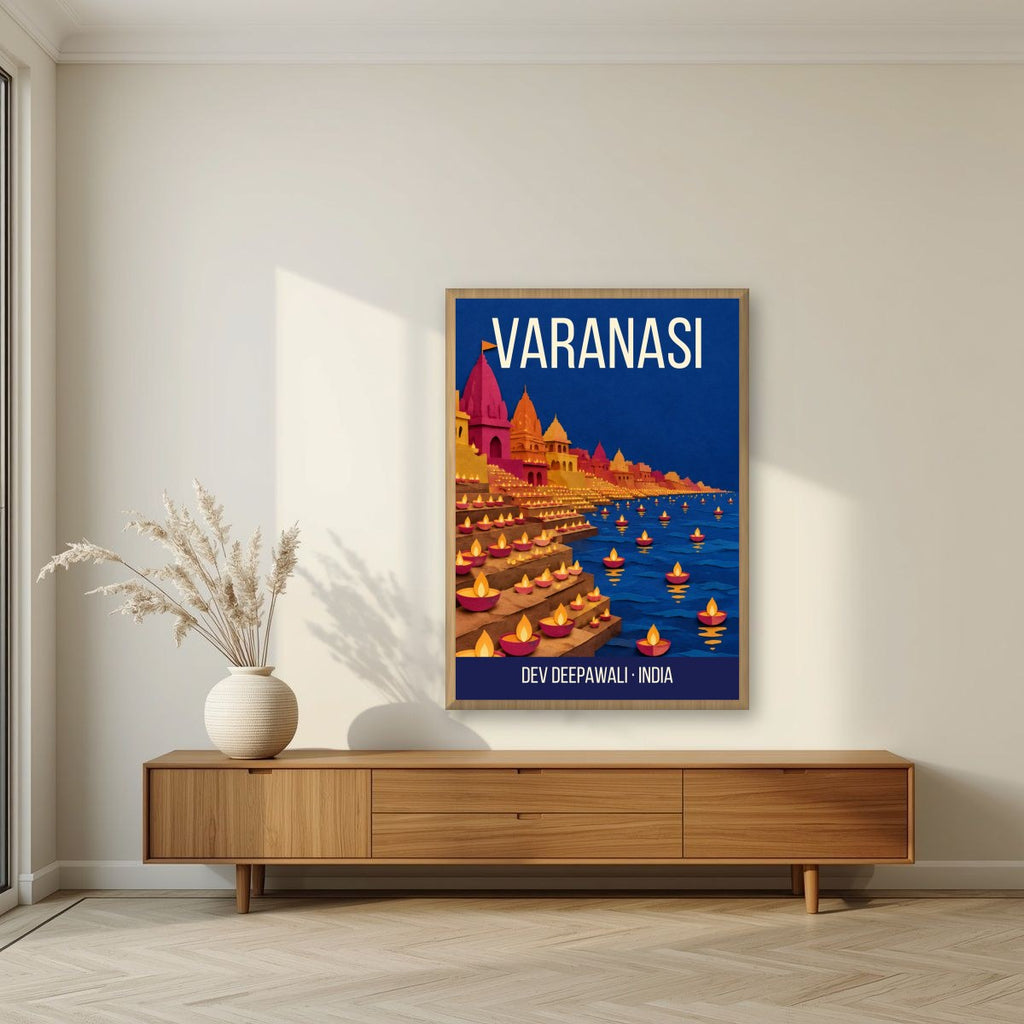 Dev Deepawali Varanasi art print in an oak frame on a living room wall