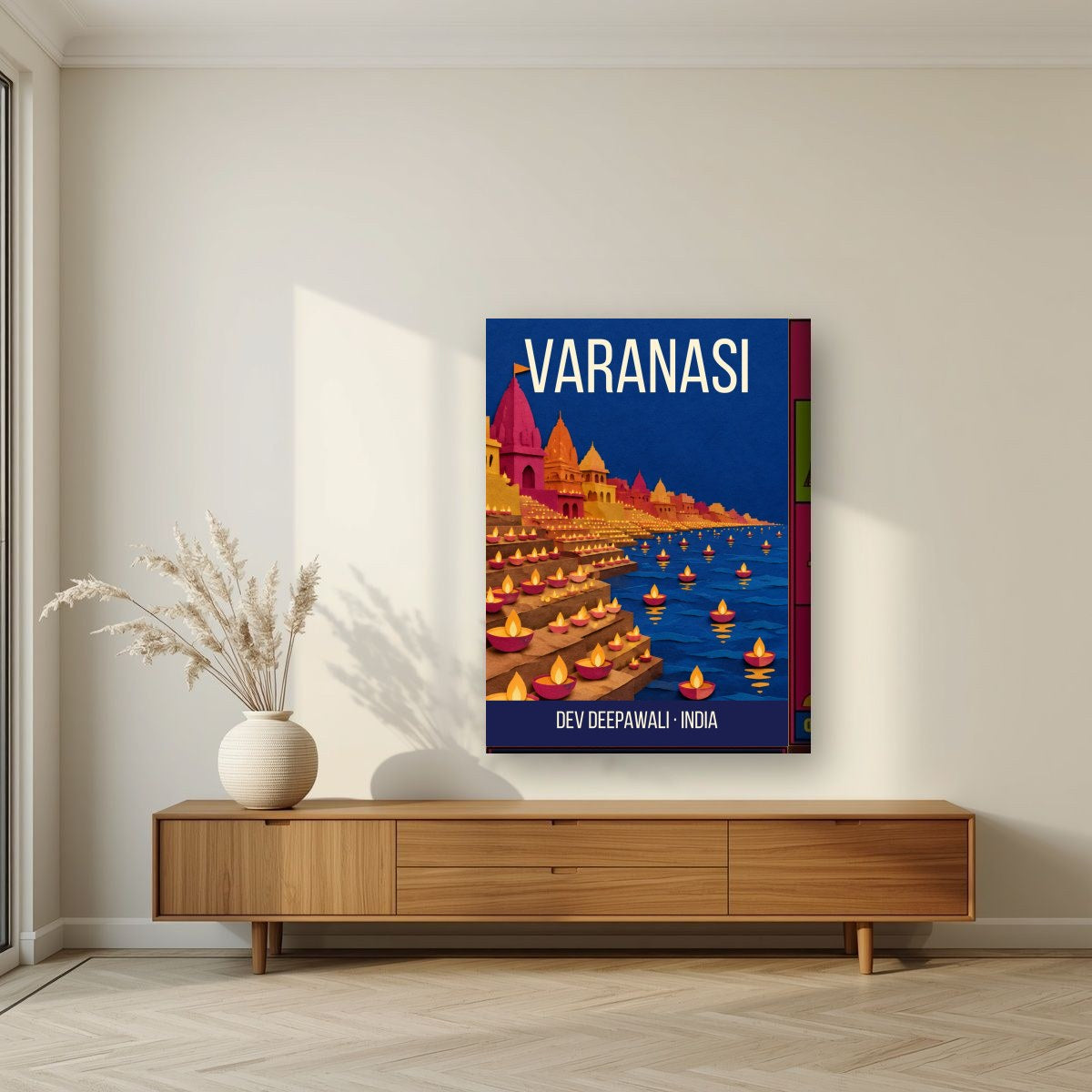 Dev Deepawali Varanasi art print on thick canvas in a living room