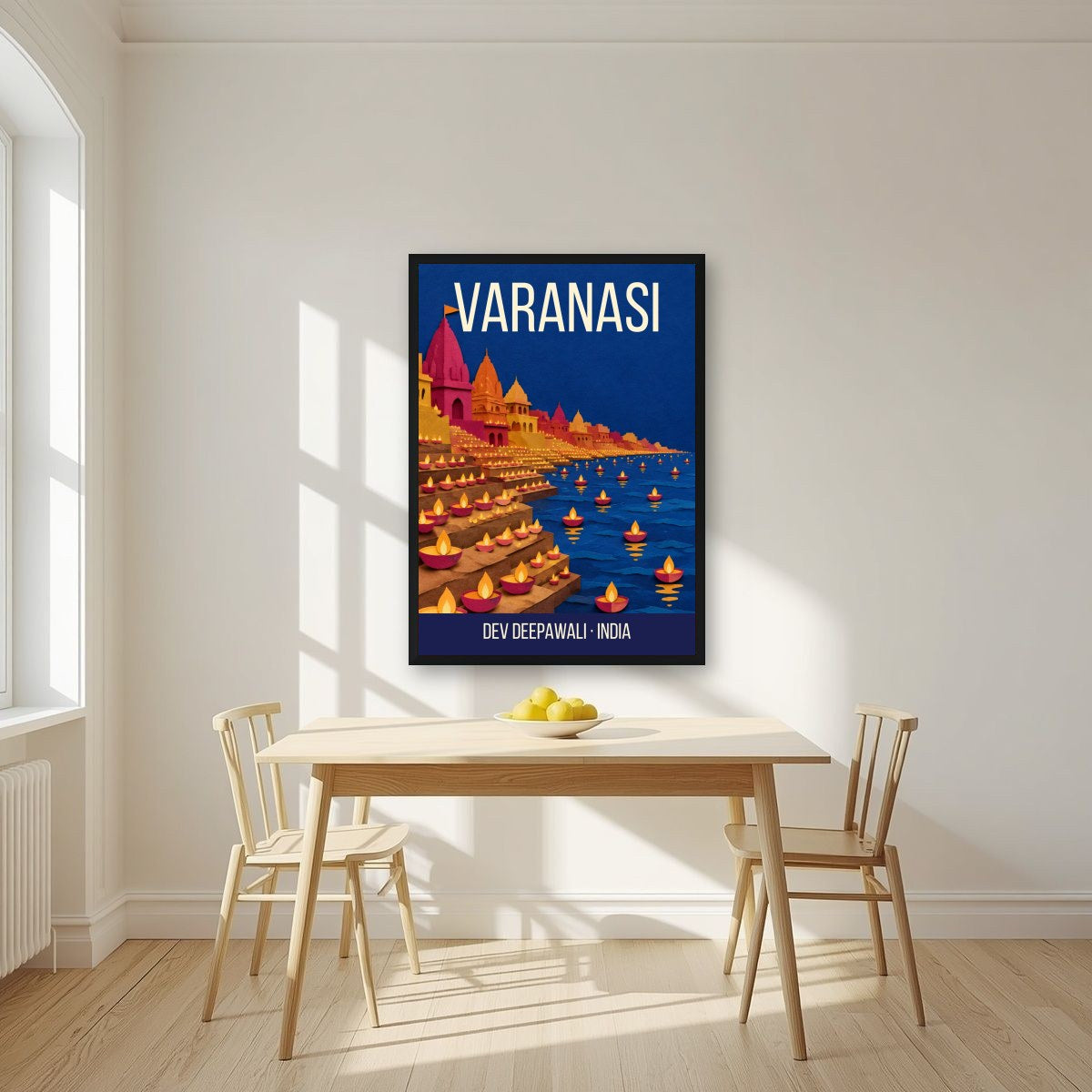 Dev Deepawali Varanasi art print in a black frame on a kitchen wall