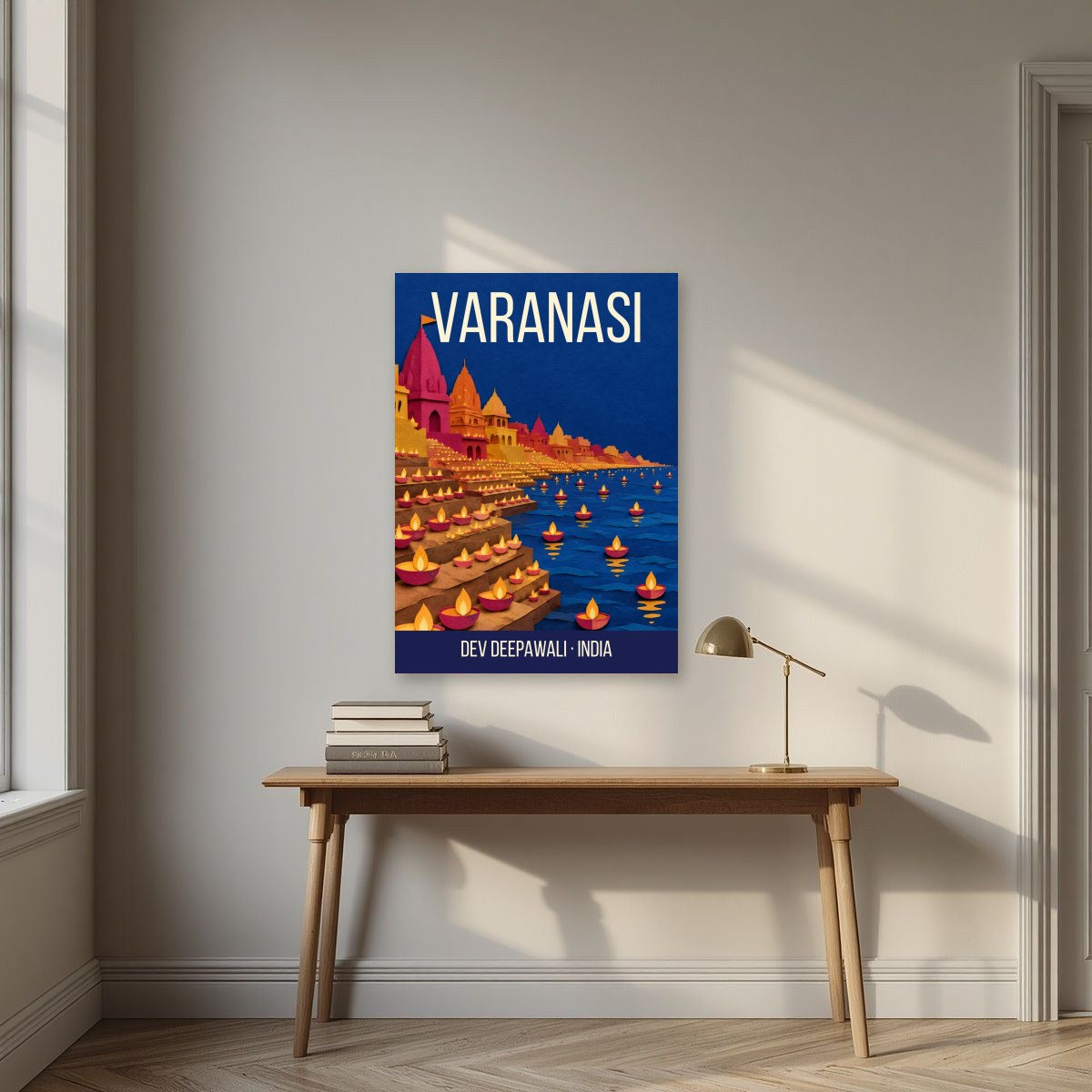 Dev Deepawali Varanasi art print above a desk