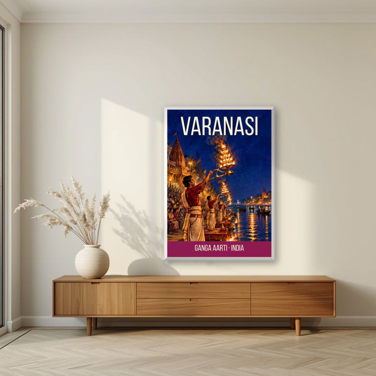 Ganga Aarti Varanasi art print in a white frame on a living room wall