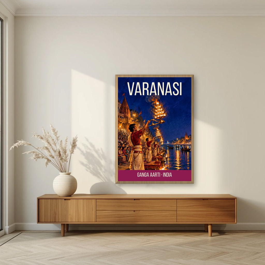 Ganga Aarti Varanasi art print in an oak frame on a living room wall