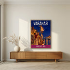 Ganga Aarti Varanasi art print in an oak frame on a living room wall