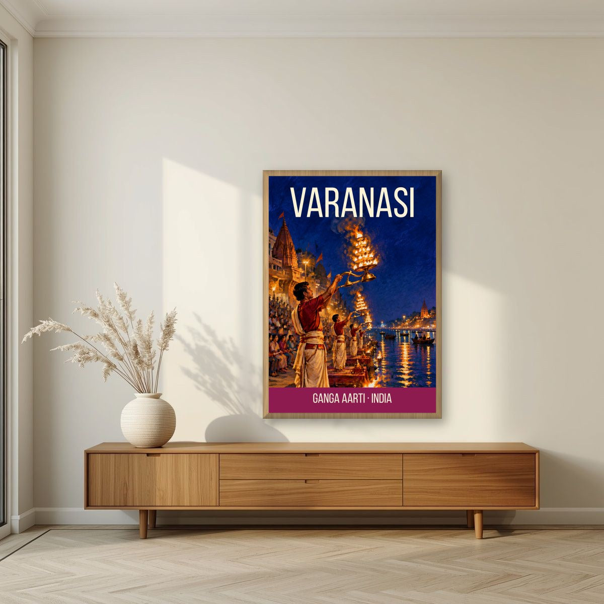 Ganga Aarti Varanasi art print in an oak frame on a living room wall
