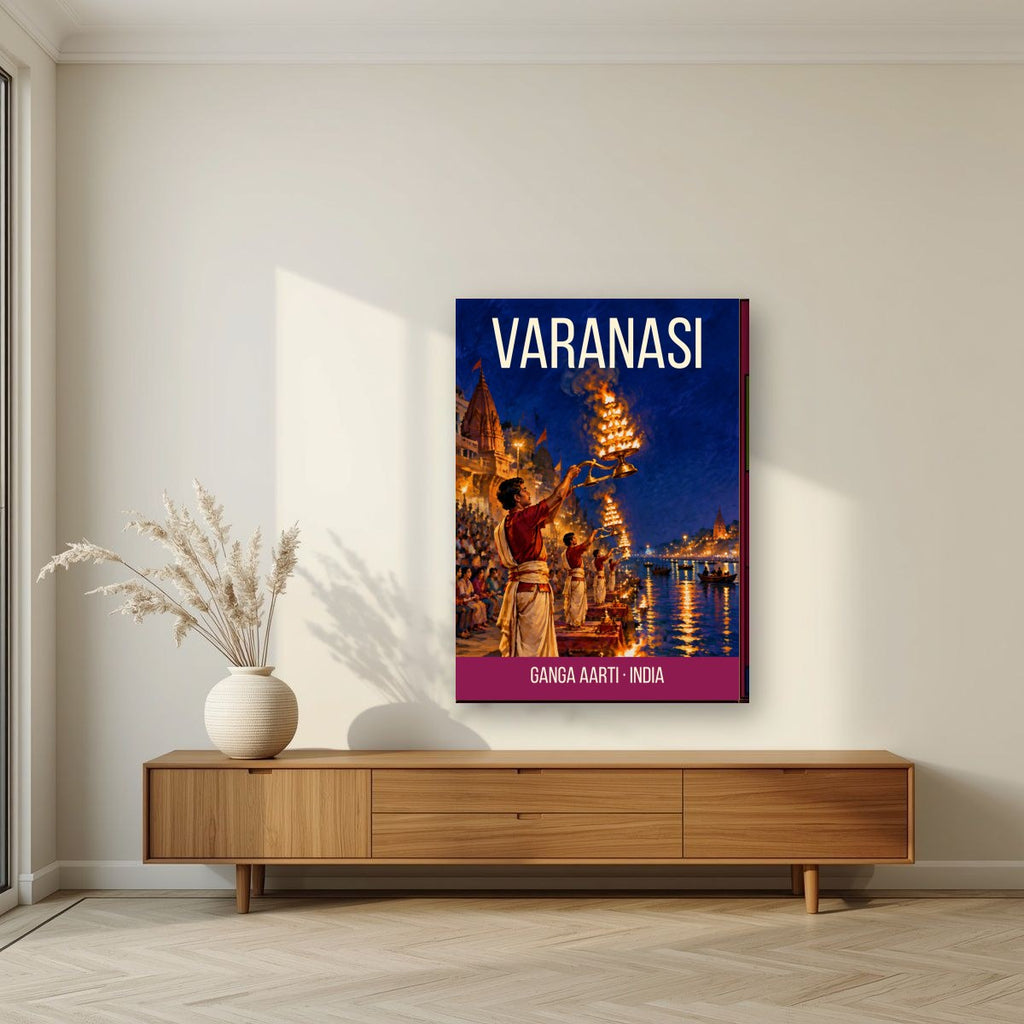 Ganga Aarti Varanasi art print on slim canvas in a living room