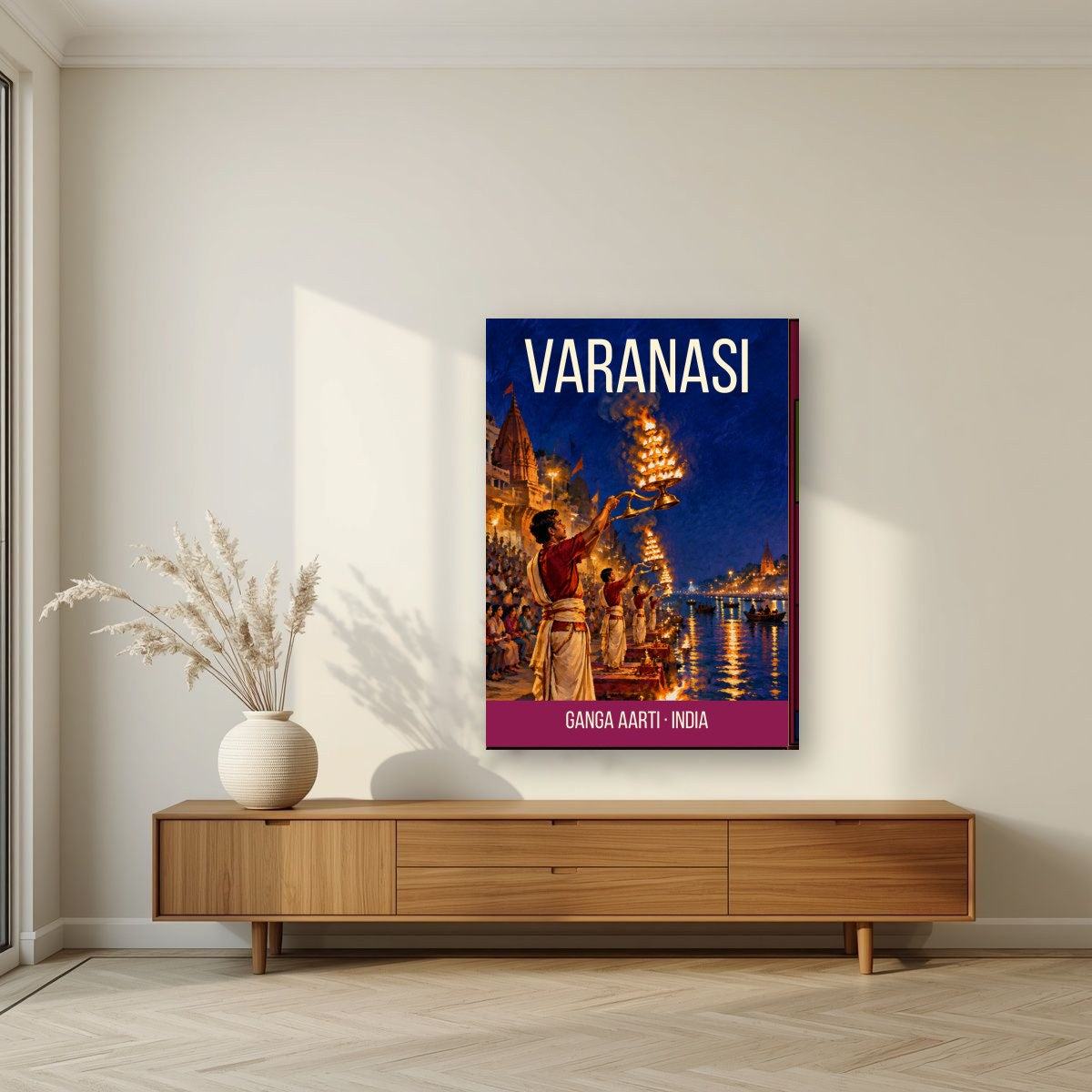 Ganga Aarti Varanasi art print on slim canvas in a living room