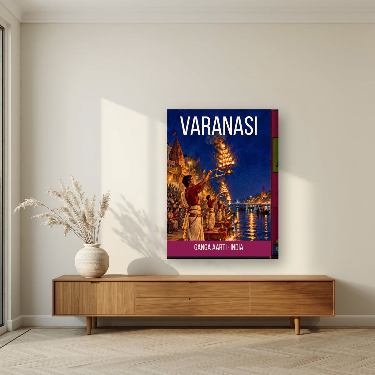 Ganga Aarti Varanasi art print on thick canvas in a living room