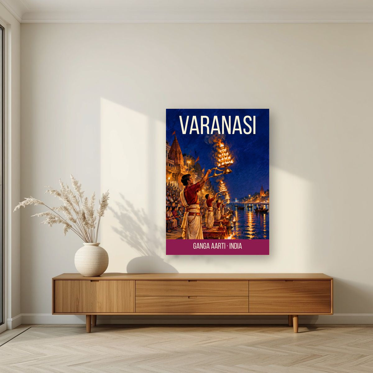 Ganga Aarti Varanasi art print on acrylic in a living room