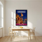 Ganga Aarti Varanasi art print in a black frame on a kitchen wall