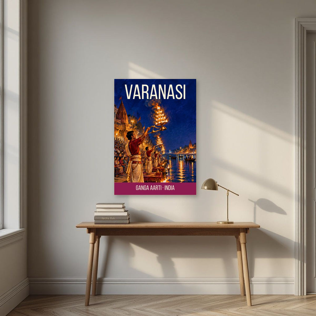 Ganga Aarti Varanasi art print above a desk