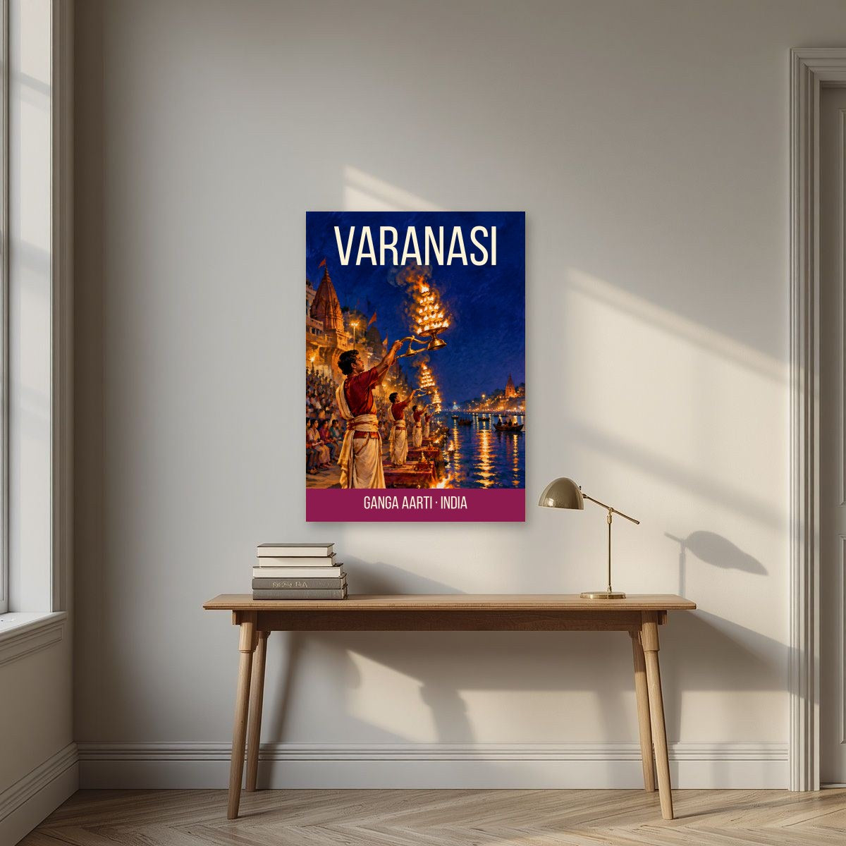 Ganga Aarti Varanasi art print above a desk