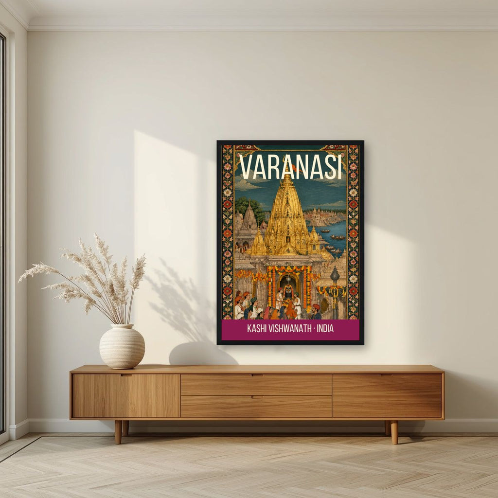 Kashi Vishwanath Varanasi art print in a black frame above a living room sideboard