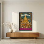 Kashi Vishwanath Varanasi art print in a black frame above a living room sideboard