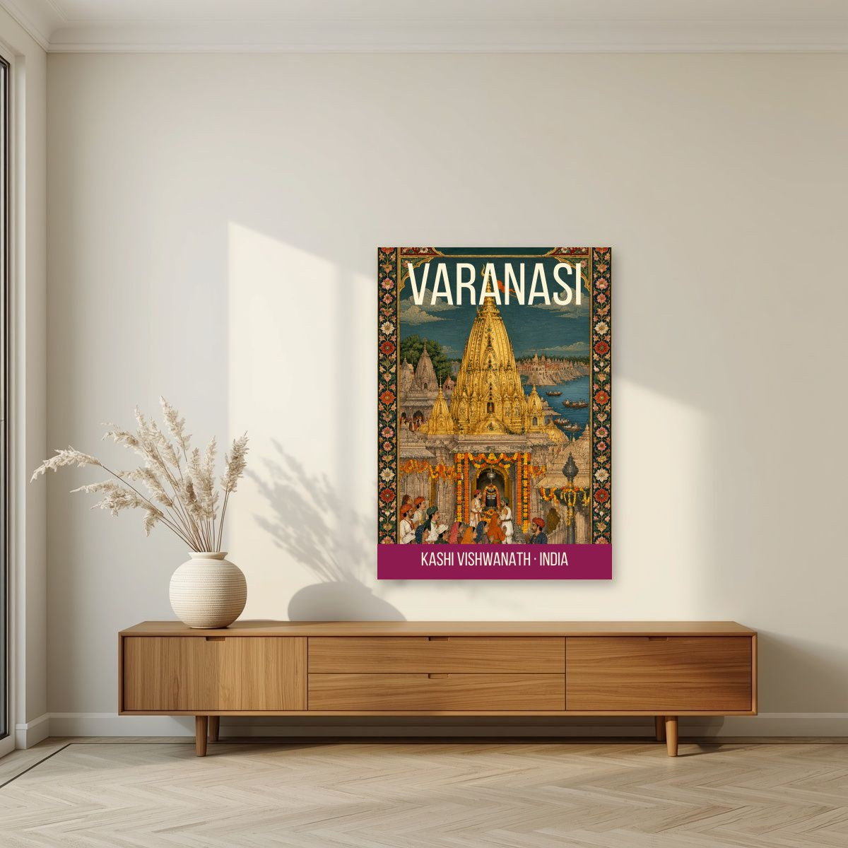 Kashi Vishwanath Varanasi art print unframed on a living room wall