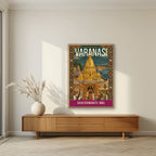 Kashi Vishwanath Varanasi art print in an oak frame on a living room wall