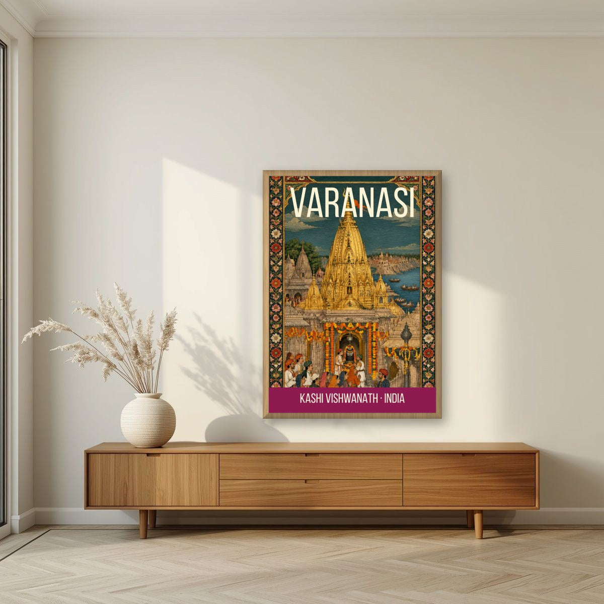 Kashi Vishwanath Varanasi art print in an oak frame on a living room wall