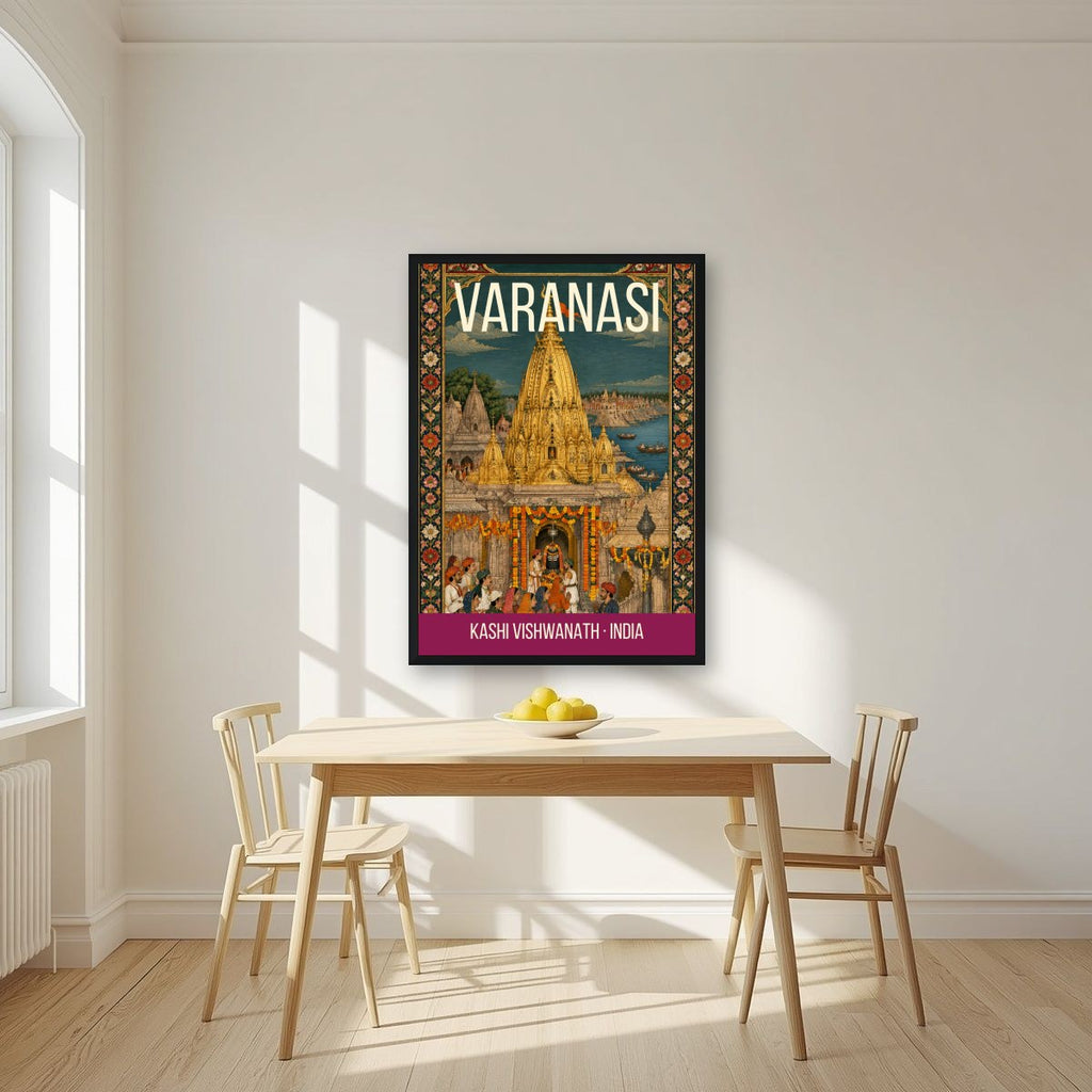 Kashi Vishwanath Varanasi art print in a black frame on a kitchen wall