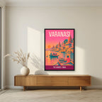 The Ganges Varanasi art print in a black frame above a living room sideboard