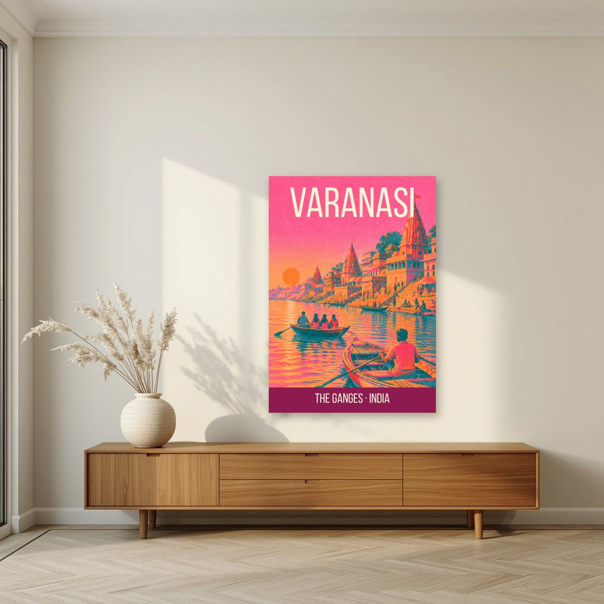 The Ganges Varanasi art print unframed on a living room wall