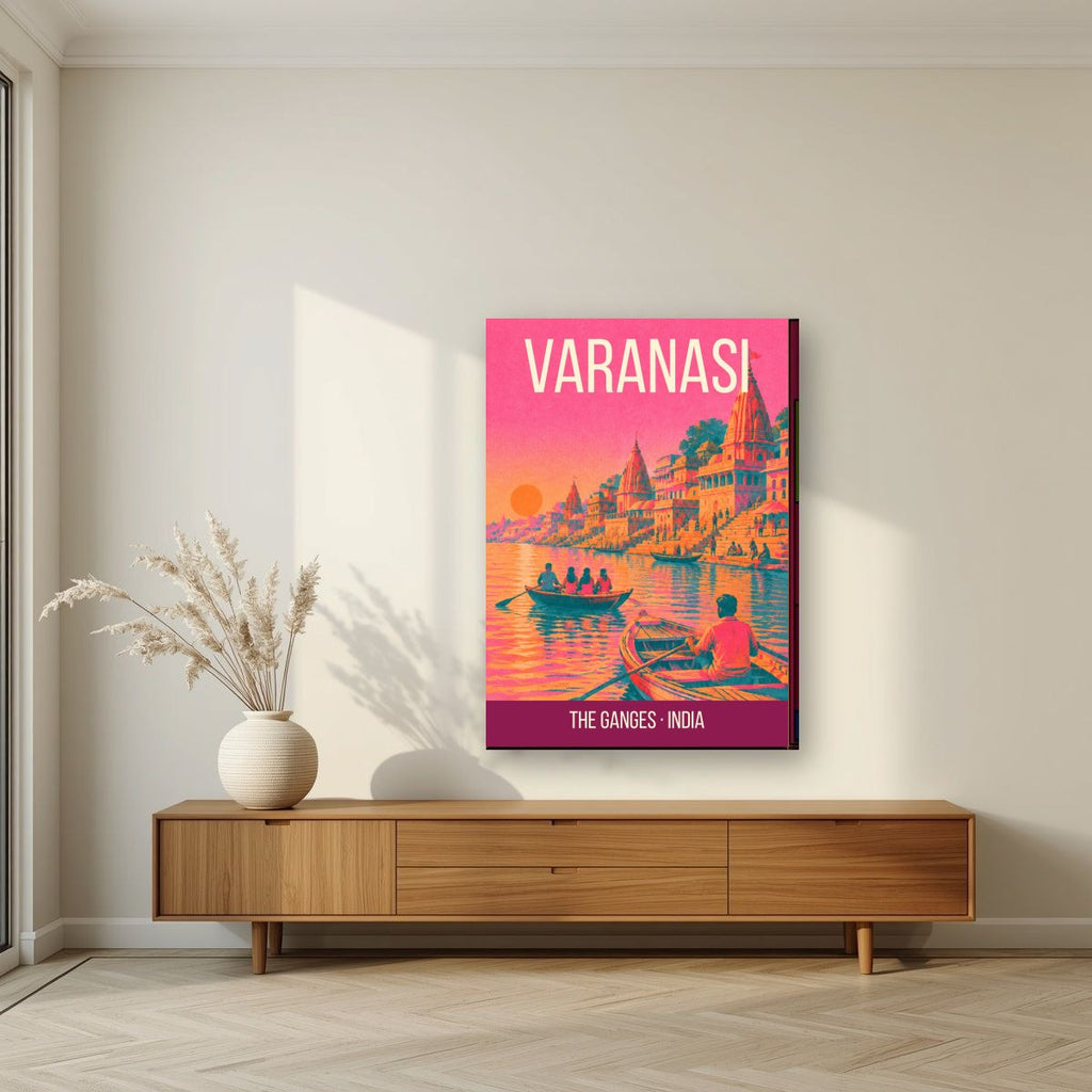 The Ganges Varanasi art print on slim canvas in a living room