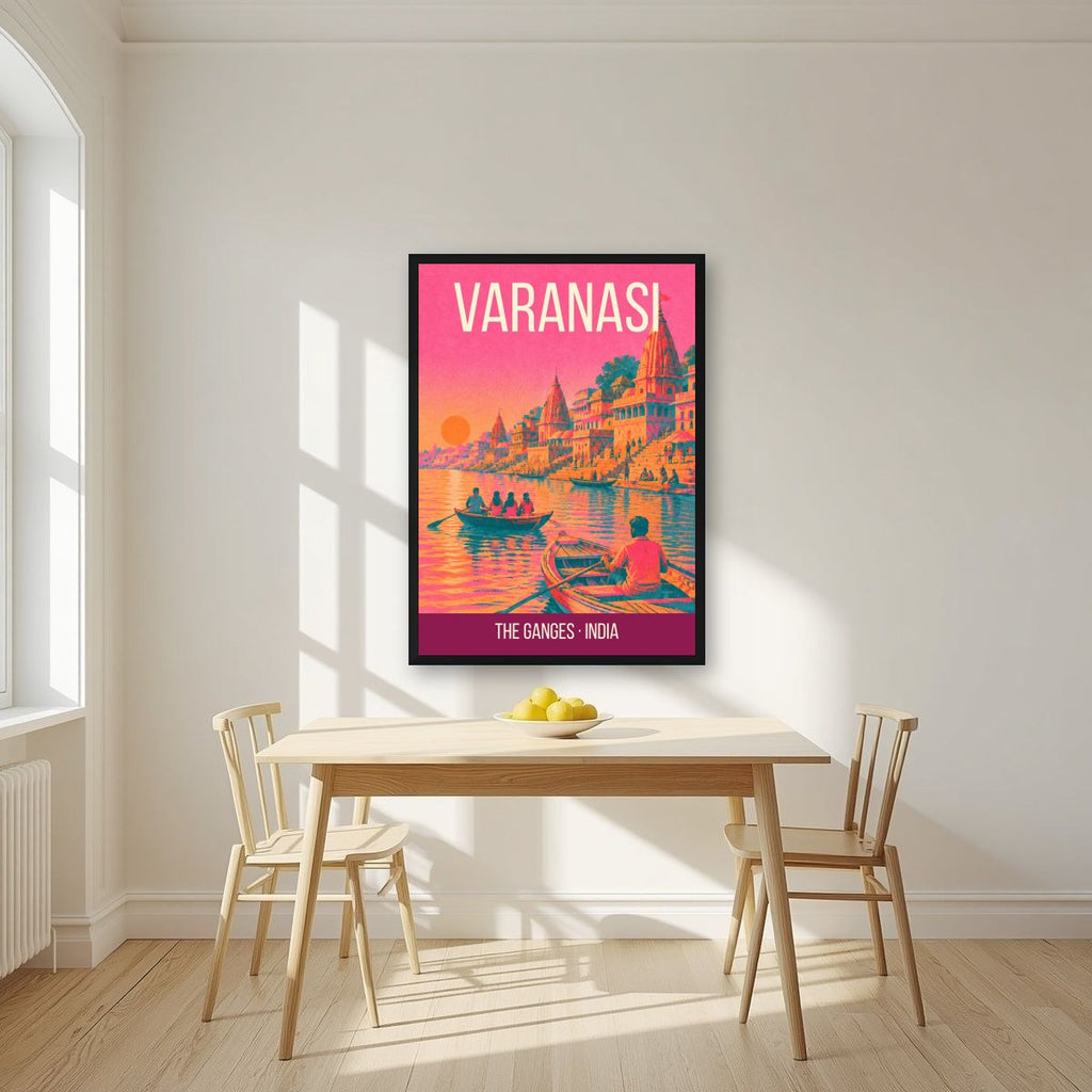 The Ganges Varanasi art print in a black frame on a kitchen wall