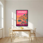 The Ganges Varanasi art print in a black frame on a kitchen wall